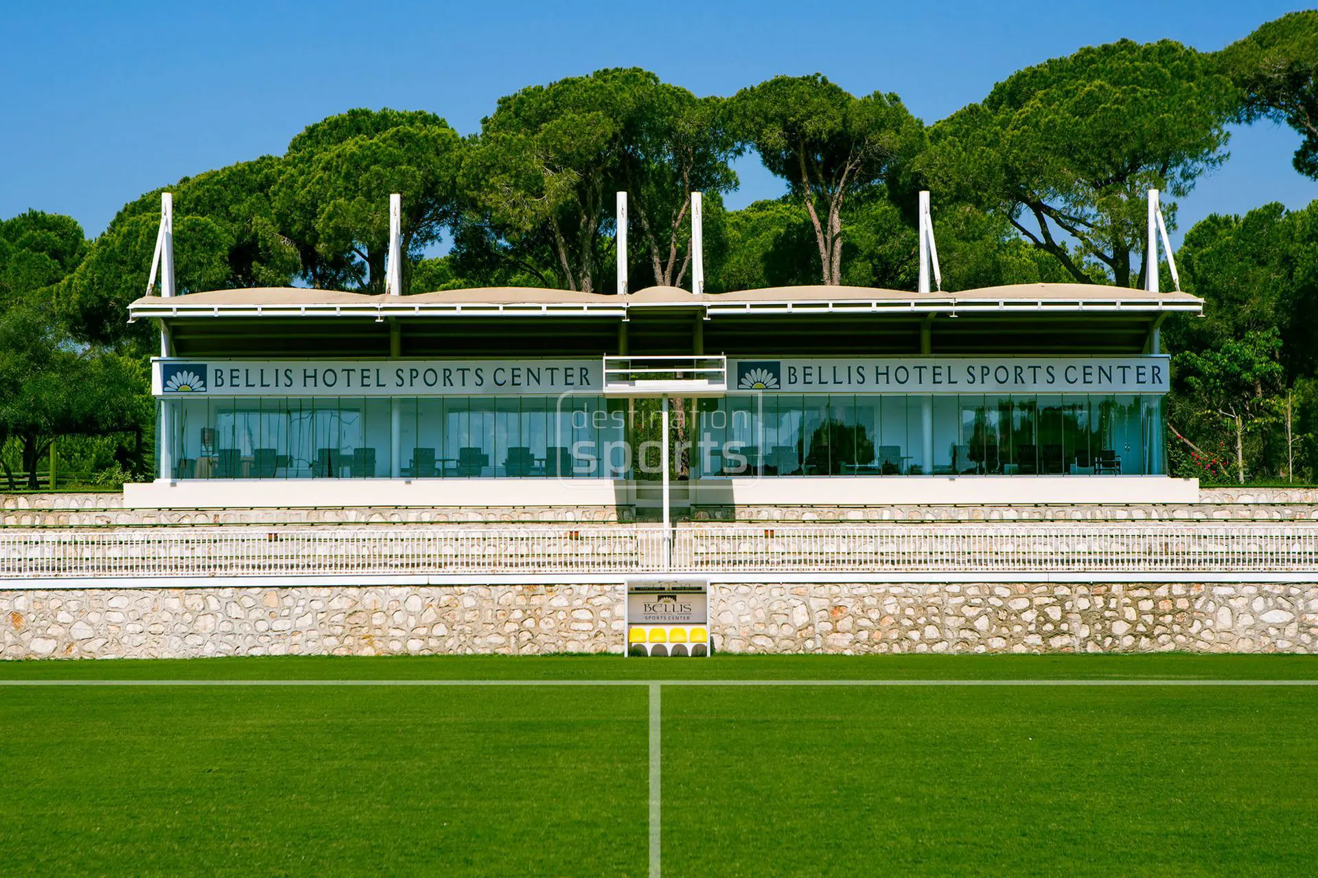 Soccer field at Bellis Deluxe Hotel, Turkey, with natural grass, near the sea